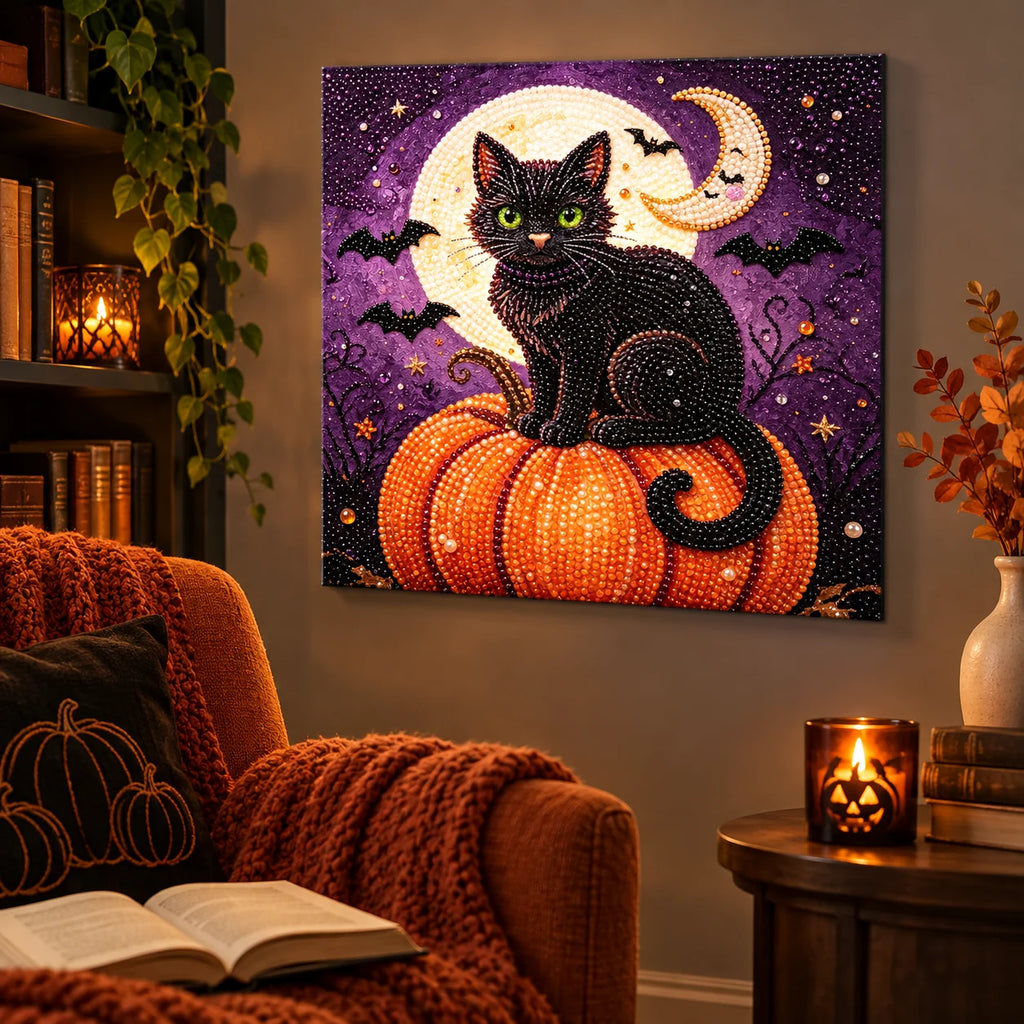 Black Cat Pumpkin Moon Pearl Diamond Painting Kit room image