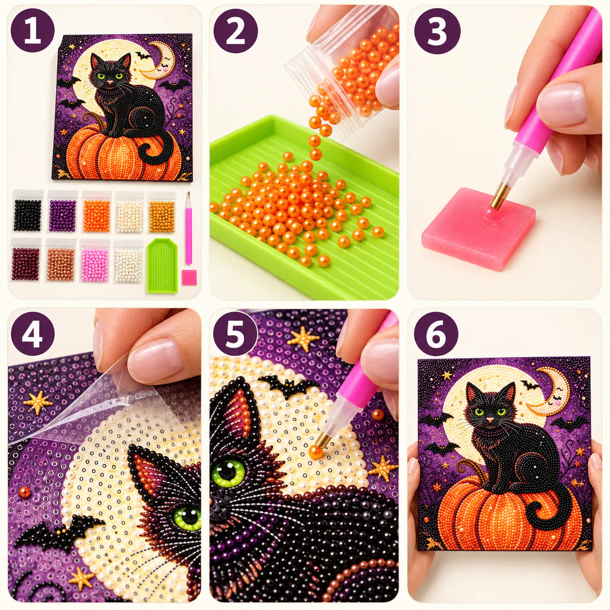 Black Cat Pumpkin Moon Pearl Diamond Painting Kit tutorial image