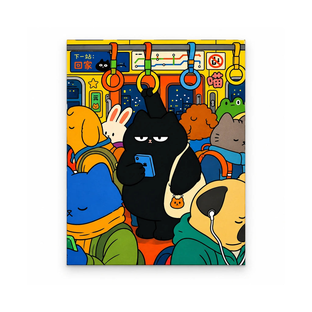 Black Cat Commute on the Subway Paint by Numbers Kit: finished artwork on a front-facing canvas against a white background