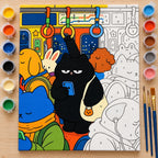Black Cat Commute on the Subway Paint by Numbers Kit: complete numbered canvas with paints and brushes arranged for painting