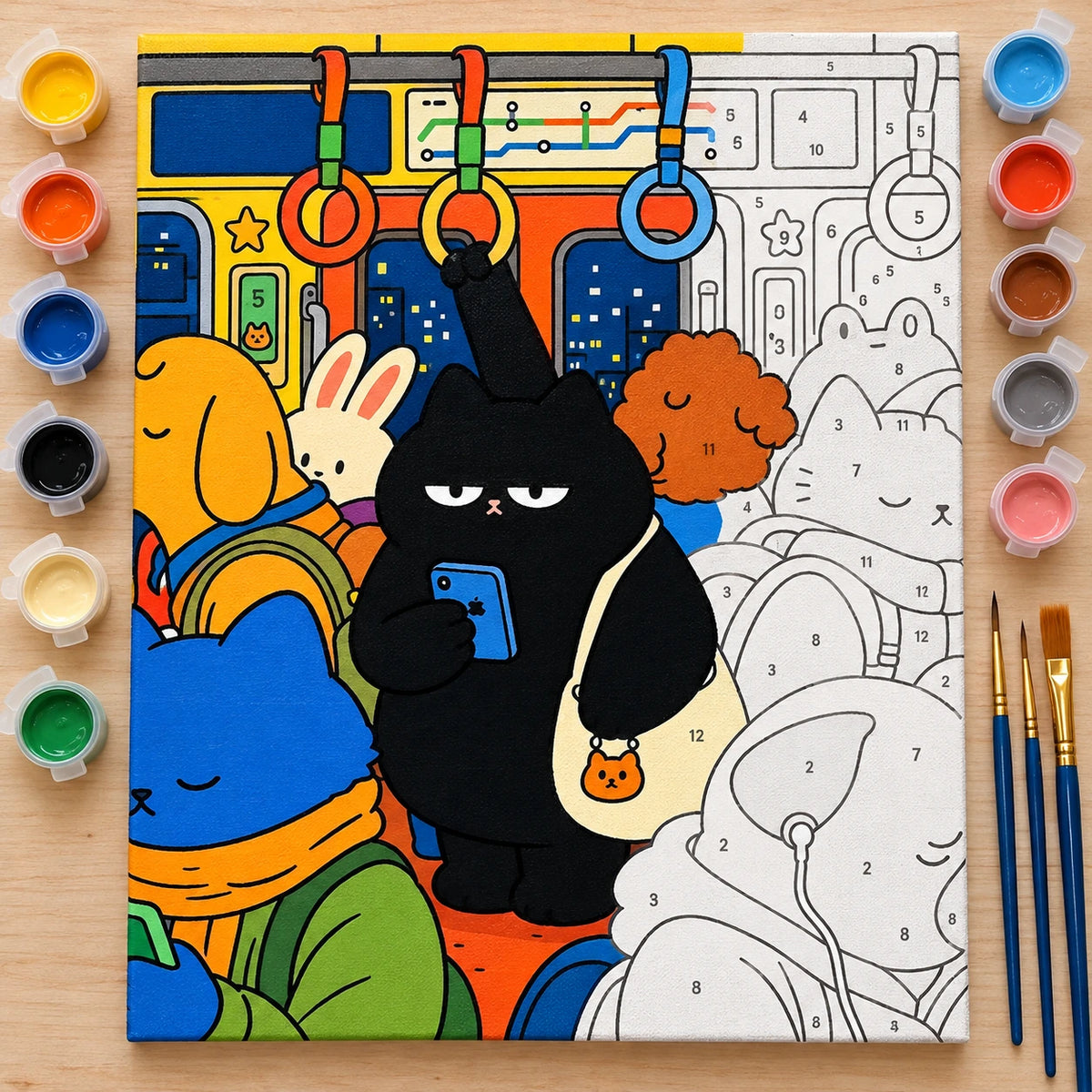 Black Cat Commute on the Subway Paint by Numbers Kit: complete numbered canvas with paints and brushes arranged for painting