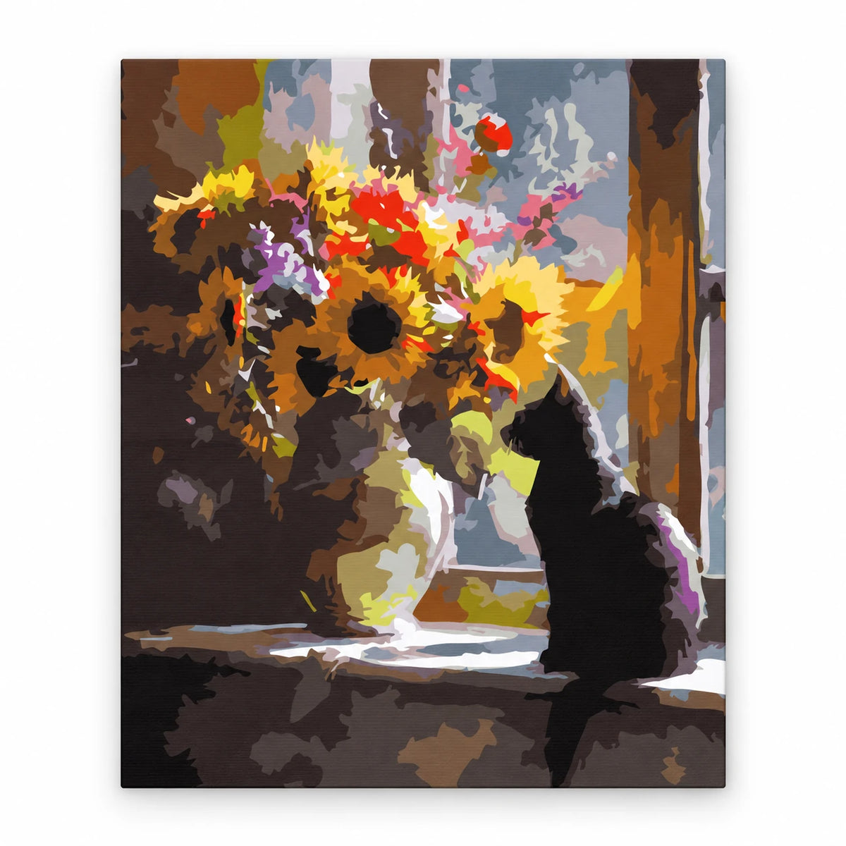 Black Cat with Sunflowers paint by numbers artwork on a front-facing canvas against a white background