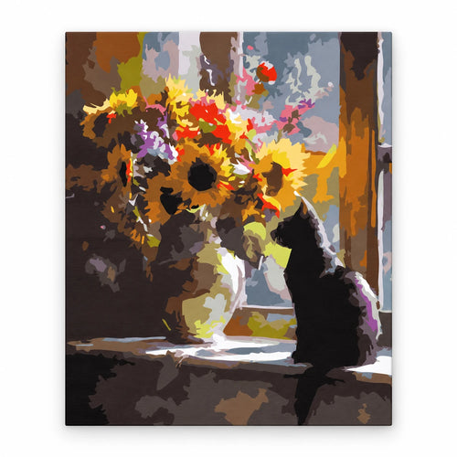 Black Cat with Sunflowers paint by numbers artwork on a front-facing canvas against a white background