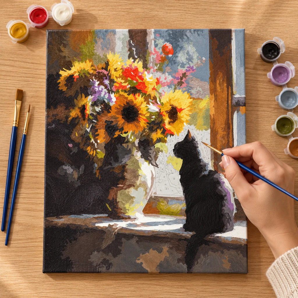 Complete Black Cat with Sunflowers numbered canvas being painted with acrylic paints and brushes