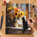 Complete Black Cat with Sunflowers numbered canvas being painted with acrylic paints and brushes