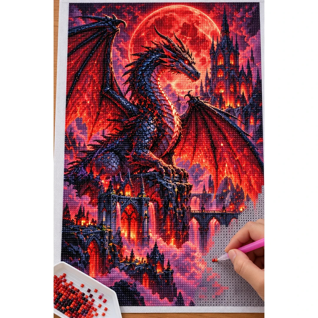Black Dragon Blood Moon Cathedral — diamond painting process with applicator pen