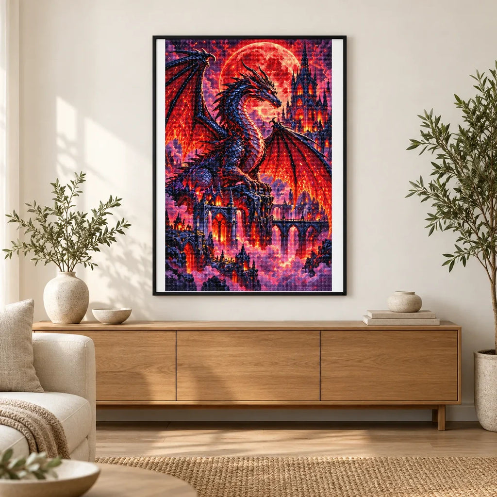 Black Dragon Blood Moon Cathedral — finished diamond painting displayed in a home interior