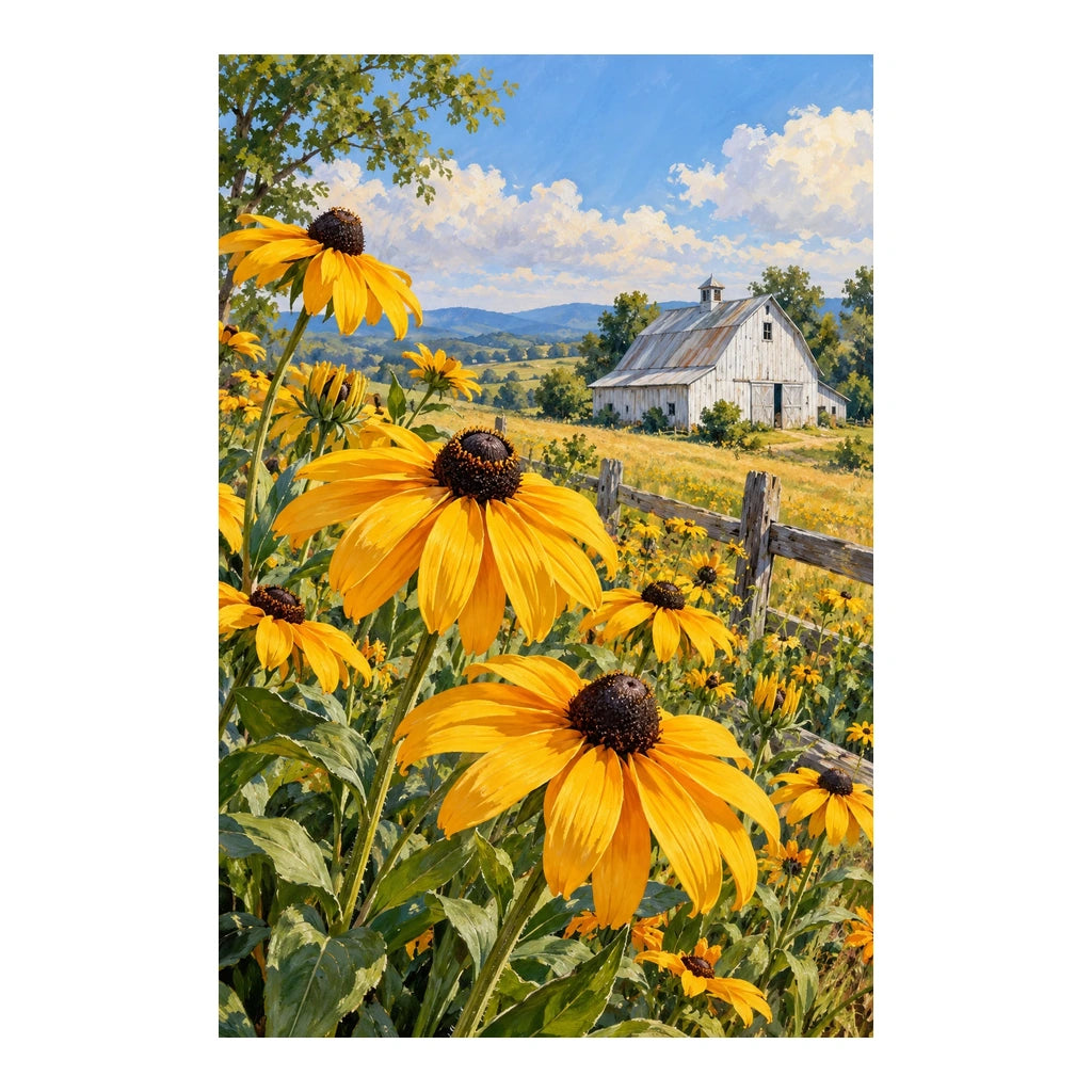 Golden black-eyed Susans in a sunny country field around a white barn: original artwork on a clean white background