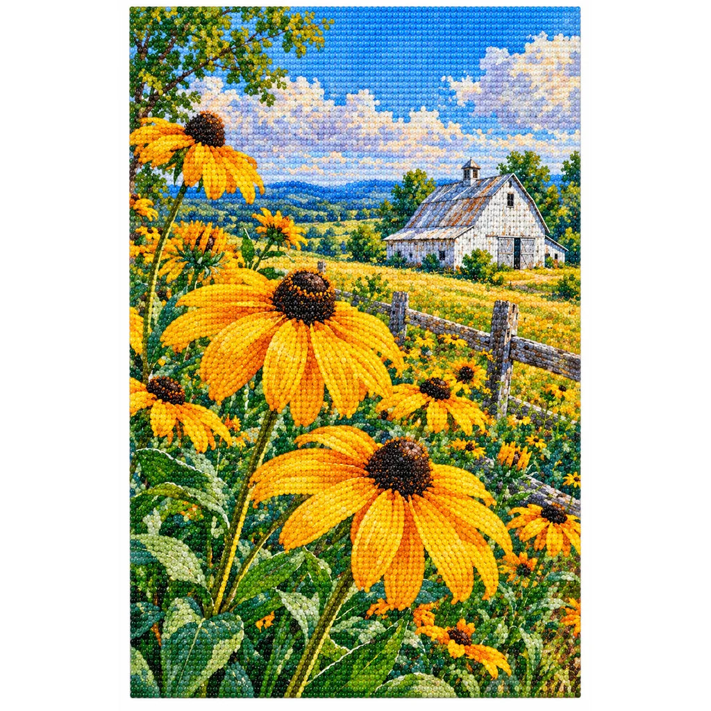 Golden black-eyed Susans in a sunny country field around a white barn: finished diamond painting on a clean white background