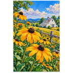 Golden black-eyed Susans in a sunny country field around a white barn: finished diamond painting on a clean white background