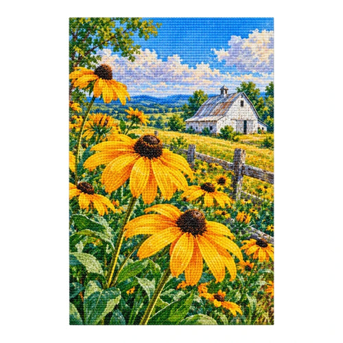 Golden black-eyed Susans in a sunny country field around a white barn: finished diamond painting on a clean white background