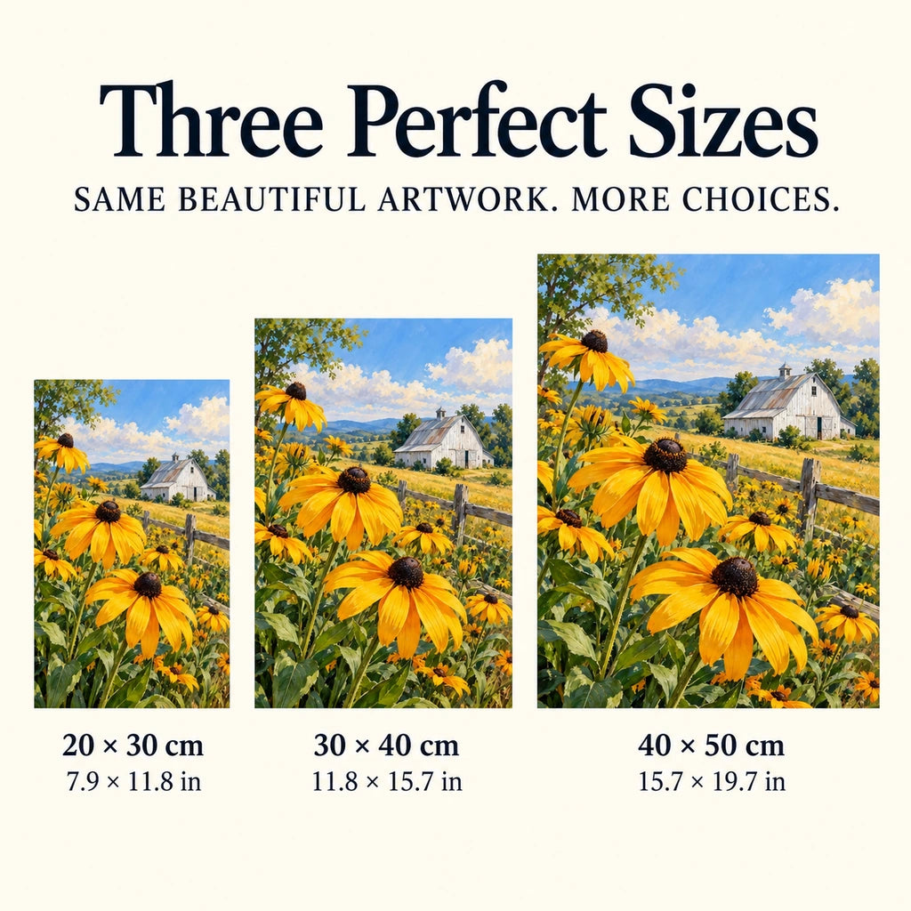 Golden black-eyed Susans in a sunny country field around a white barn: three available size guide