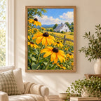 Golden black-eyed Susans in a sunny country field around a white barn: displayed as home wall decor