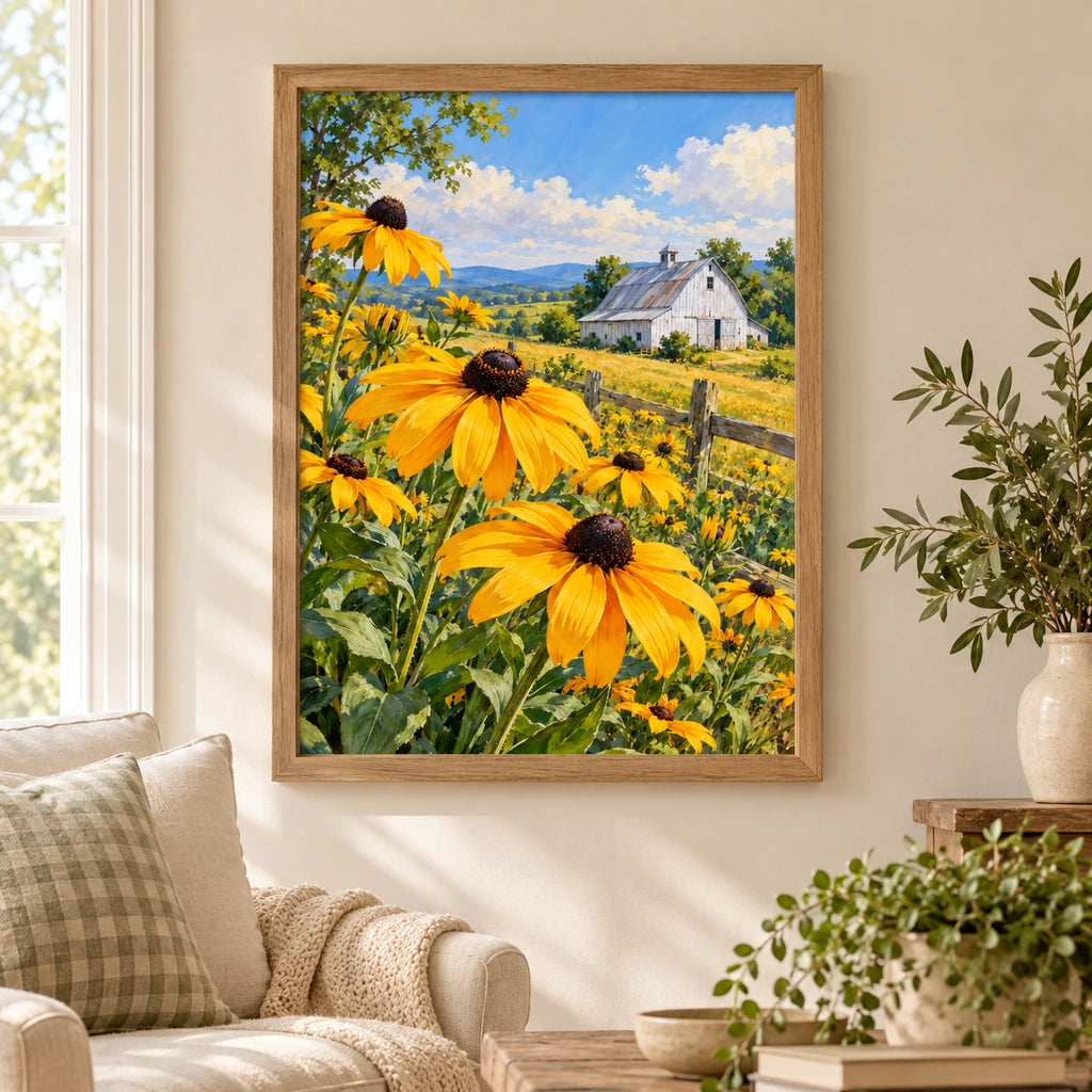 Golden black-eyed Susans in a sunny country field around a white barn: displayed as home wall decor
