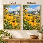 Golden black-eyed Susans in a sunny country field around a white barn: framed and no-frame style comparison