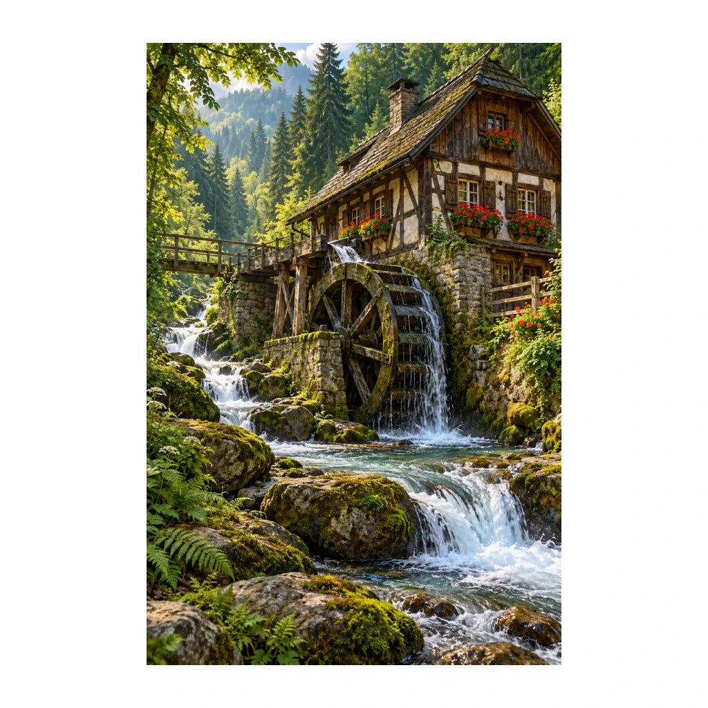 Original Black Forest Watermill artwork on a white background.
