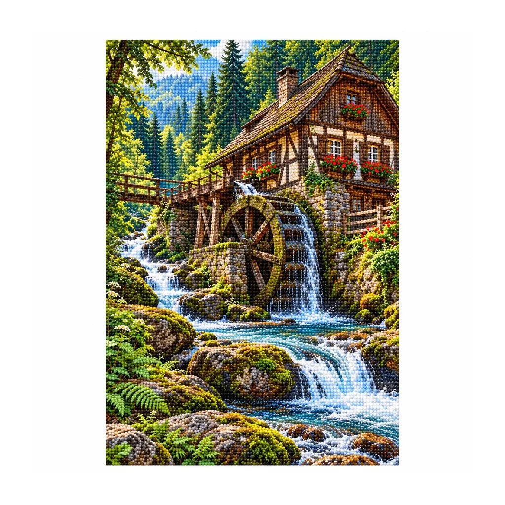 White-background finished diamond painting of Black Forest Watermill.