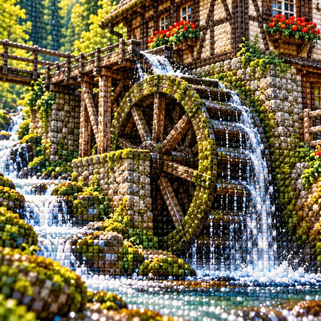 Close-up of drill details in the Black Forest Watermill diamond painting.
