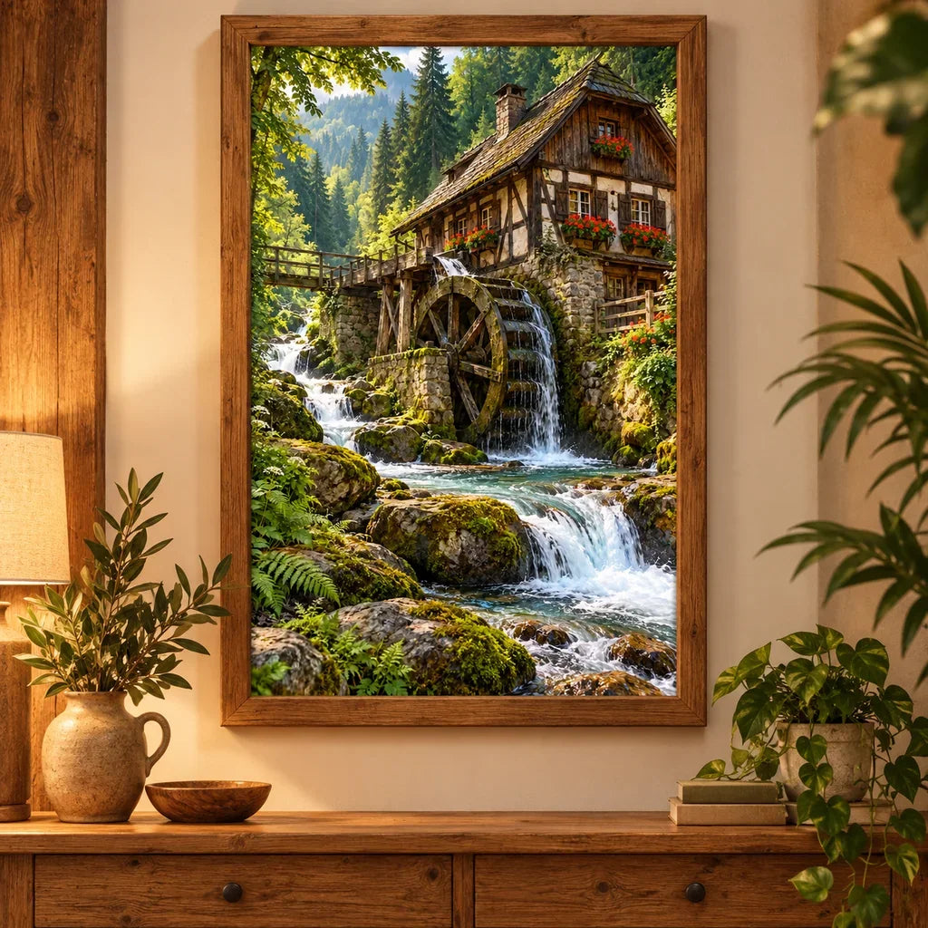 Framed Black Forest Watermill diamond painting displayed as home decor.