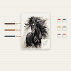 Complete Black Horse Watercolor Portrait numbered canvas being painted with acrylic paints and brushes