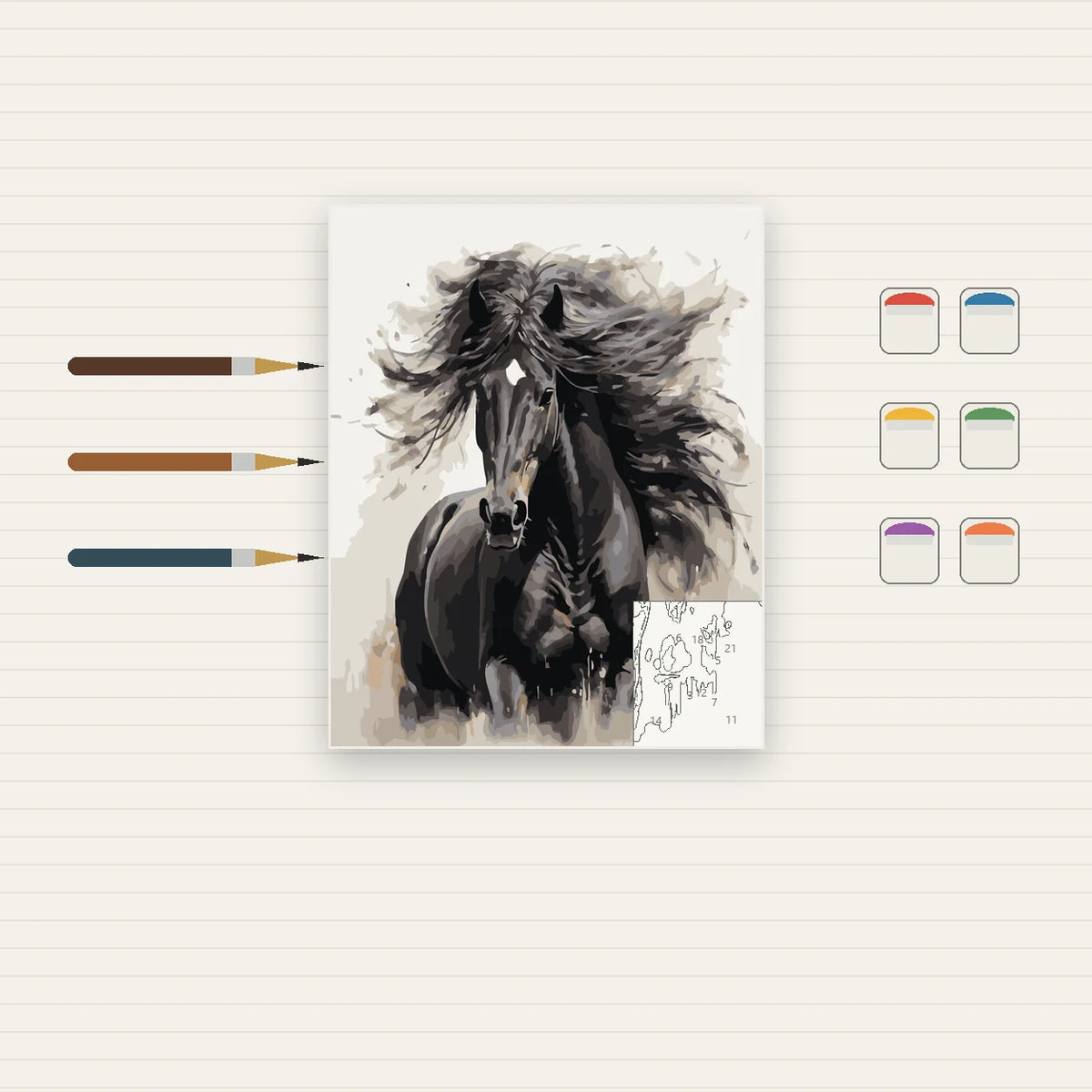 Complete Black Horse Watercolor Portrait numbered canvas being painted with acrylic paints and brushes