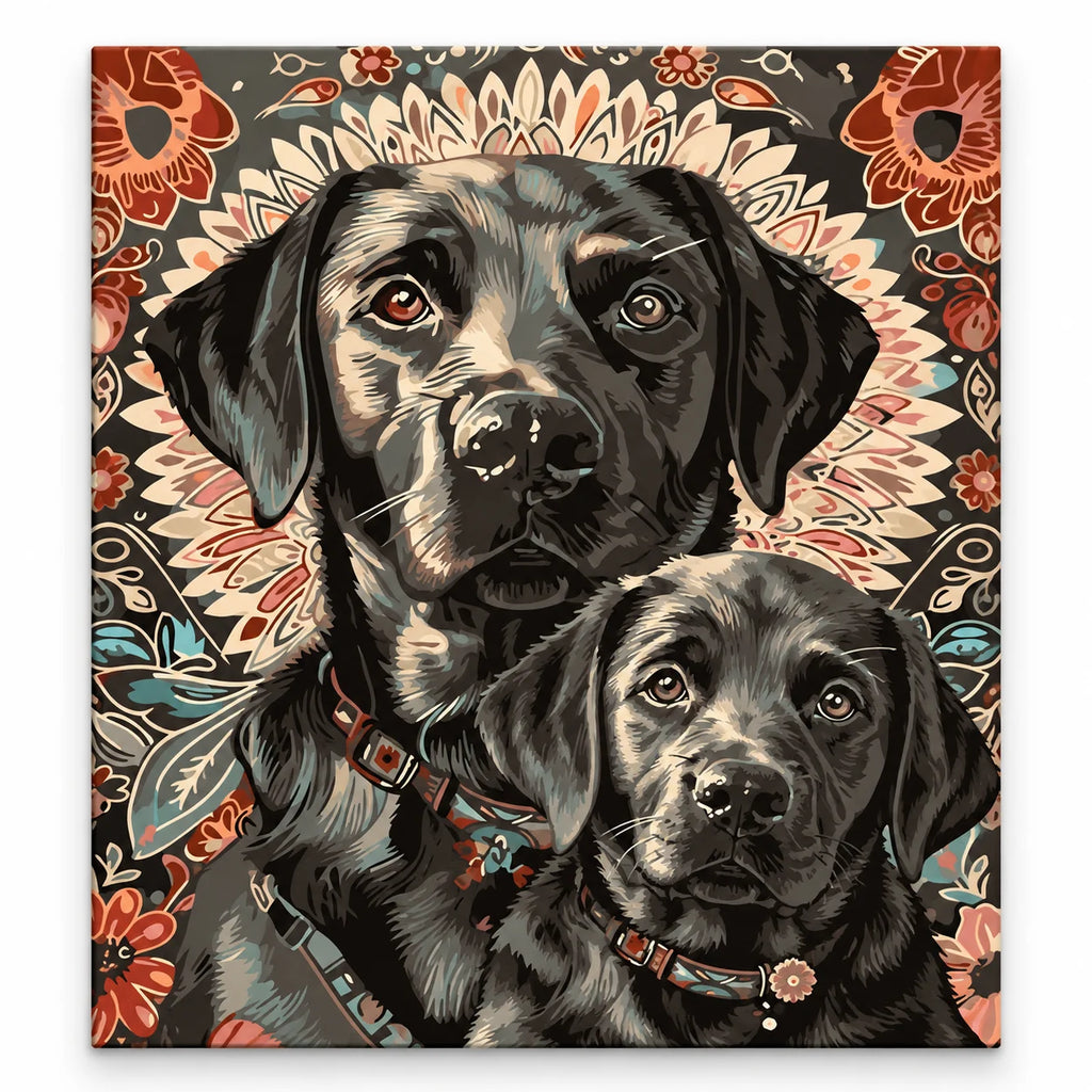 Black Labrador Pair Floral Portrait paint by numbers artwork on a front-facing canvas against a white background