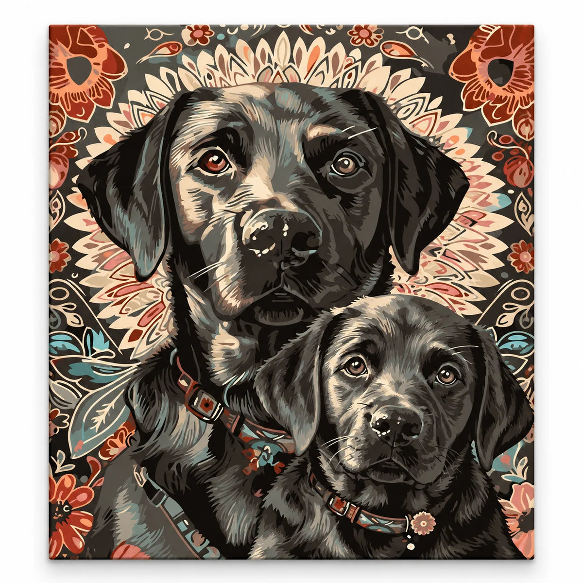 Black Labrador Pair Floral Portrait paint by numbers artwork on a front-facing canvas against a white background