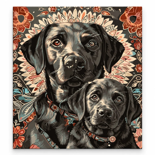 Black Labrador Pair Floral Portrait paint by numbers artwork on a front-facing canvas against a white background