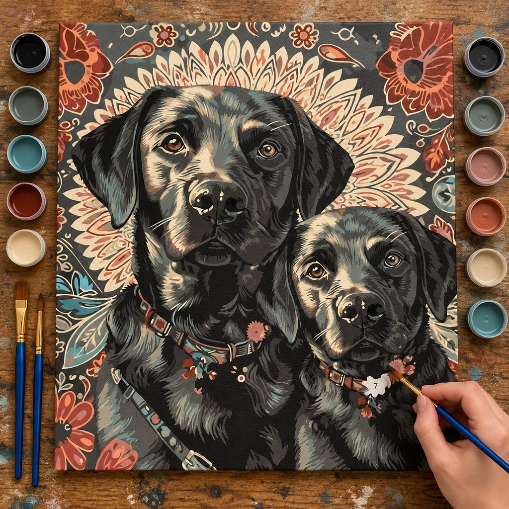 Complete Black Labrador Pair Floral Portrait numbered canvas being painted with acrylic paints and brushes
