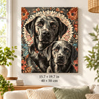 Black Labrador Pair Floral Portrait shown in a styled room with 15.7 × 19.7 in and 40 × 50 cm dimensions