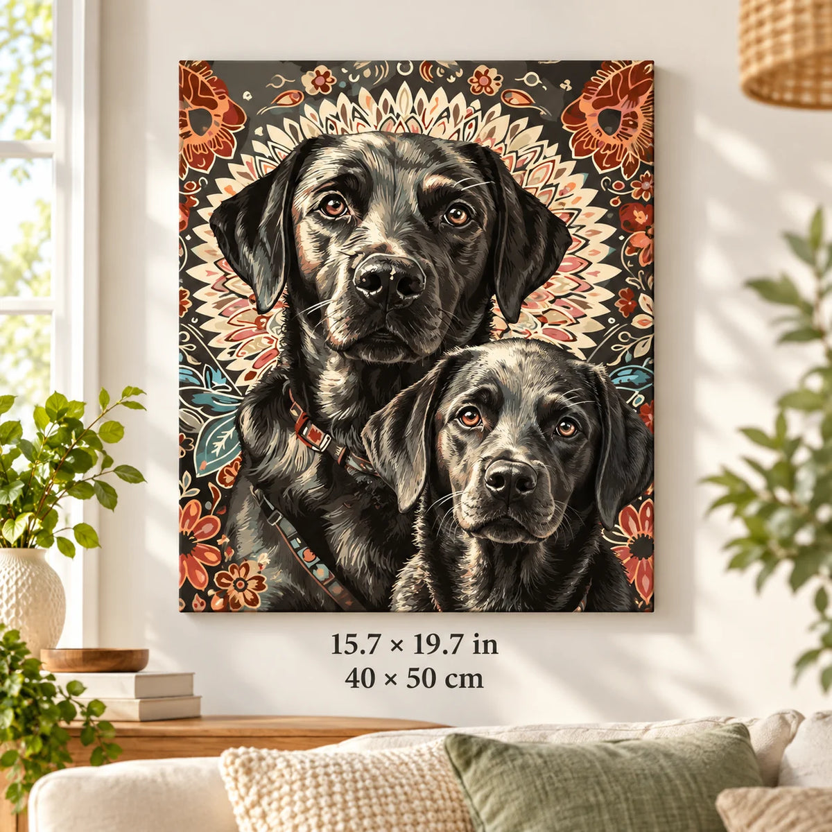 Black Labrador Pair Floral Portrait shown in a styled room with 15.7 × 19.7 in and 40 × 50 cm dimensions
