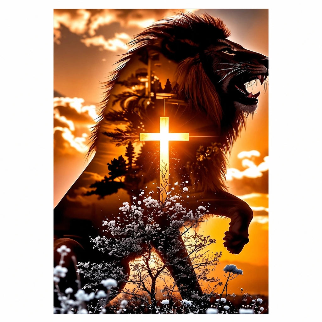 Original black lion and luminous cross artwork for a diamond painting kit