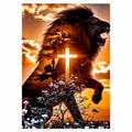 Original black lion and luminous cross artwork for a diamond painting kit