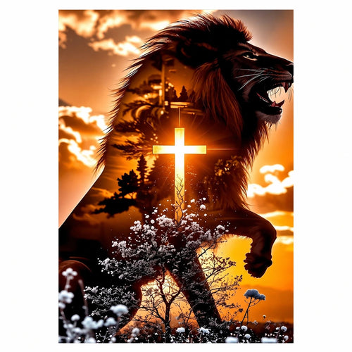 Original black lion and luminous cross artwork for a diamond painting kit