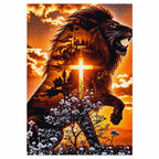 Finished black lion and cross diamond painting covered with sparkling drills