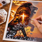 Hand placing drills on the black lion and cross diamond painting canvas