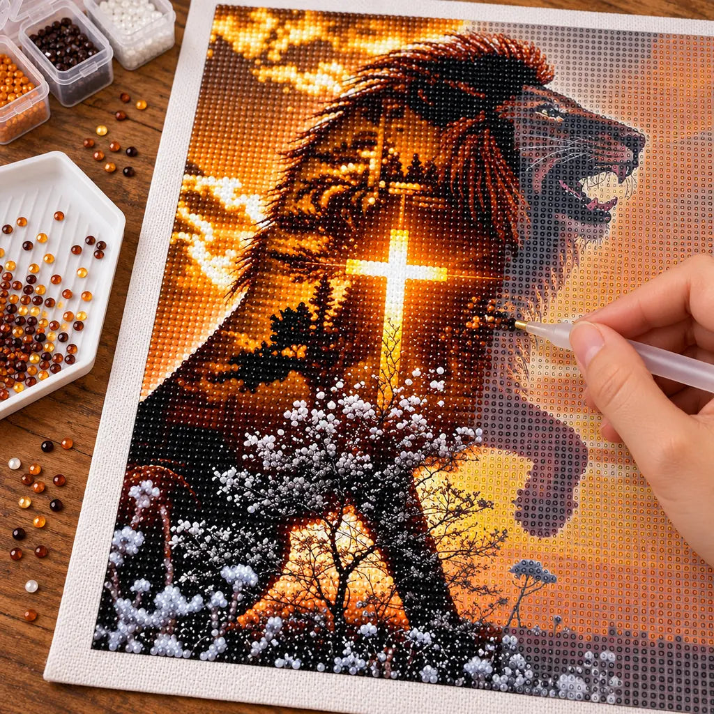 Hand placing drills on the black lion and cross diamond painting canvas