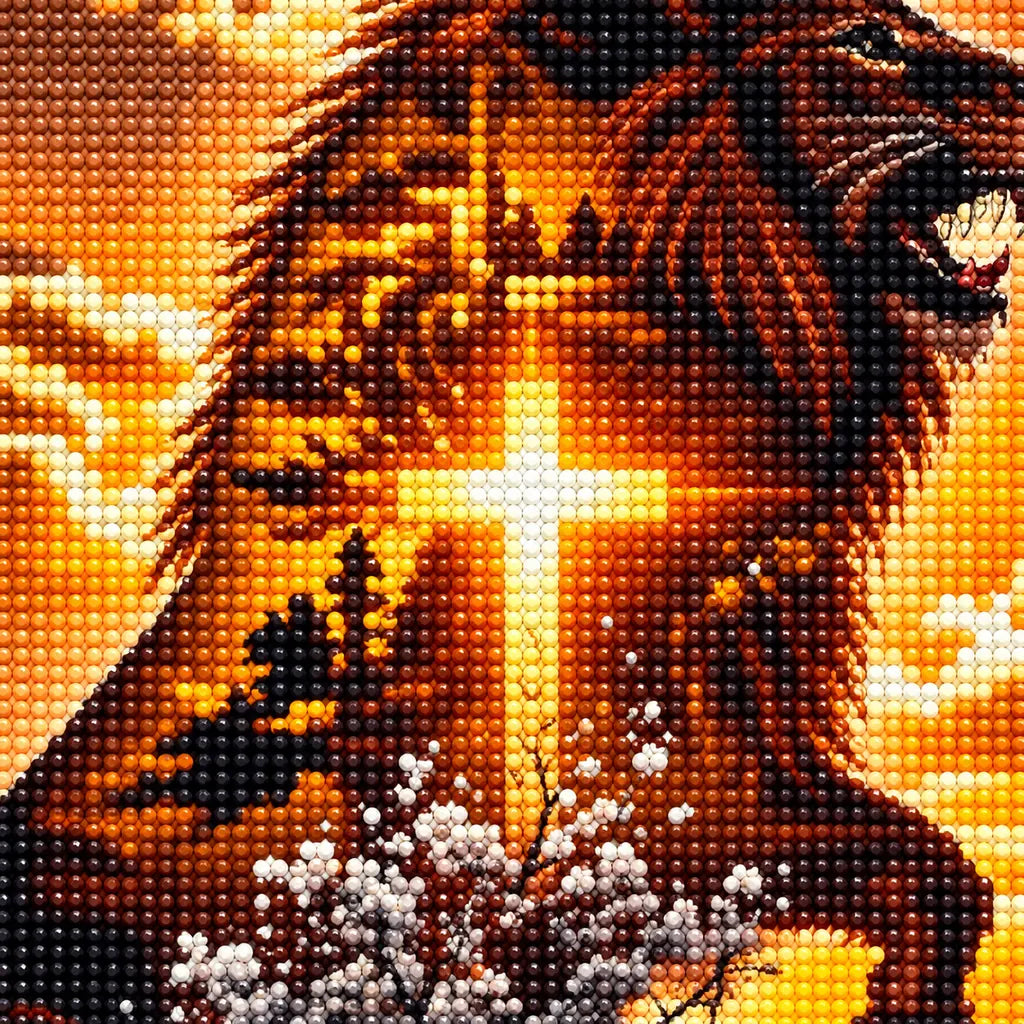 Close-up of sparkling drills on the black lion and cross artwork
