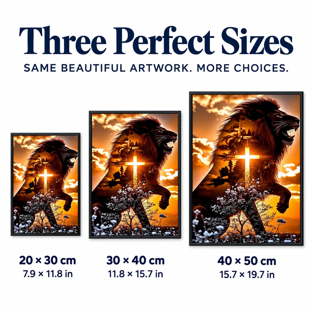 Three size options for the black lion and cross diamond painting: 20 × 30, 30 × 40, and 40 × 50 cm