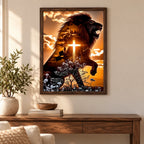 Black lion and cross diamond painting displayed as framed wall decor
