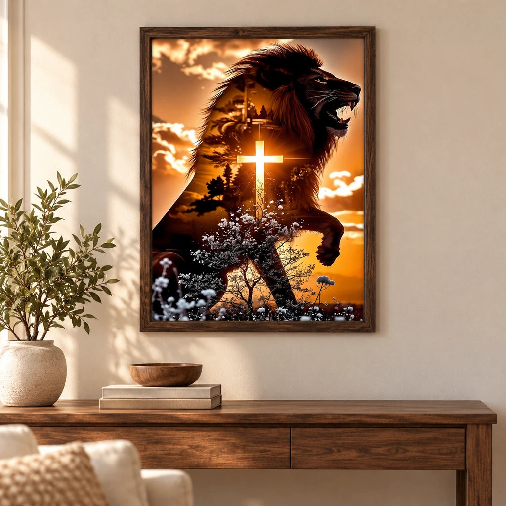 Black lion and cross diamond painting displayed as framed wall decor