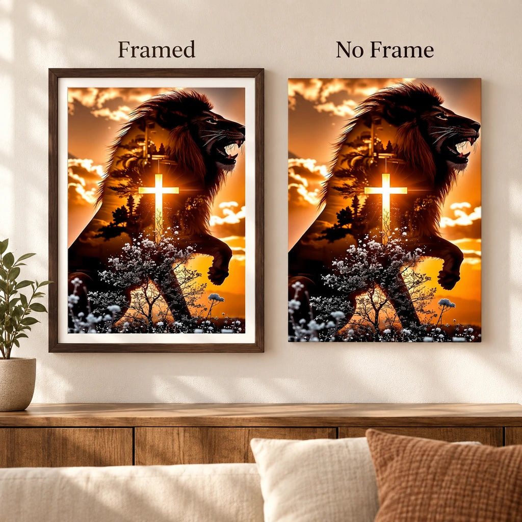 Framed and no-frame options for the black lion and cross diamond painting