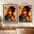 Framed and no-frame options for the black lion and cross diamond painting