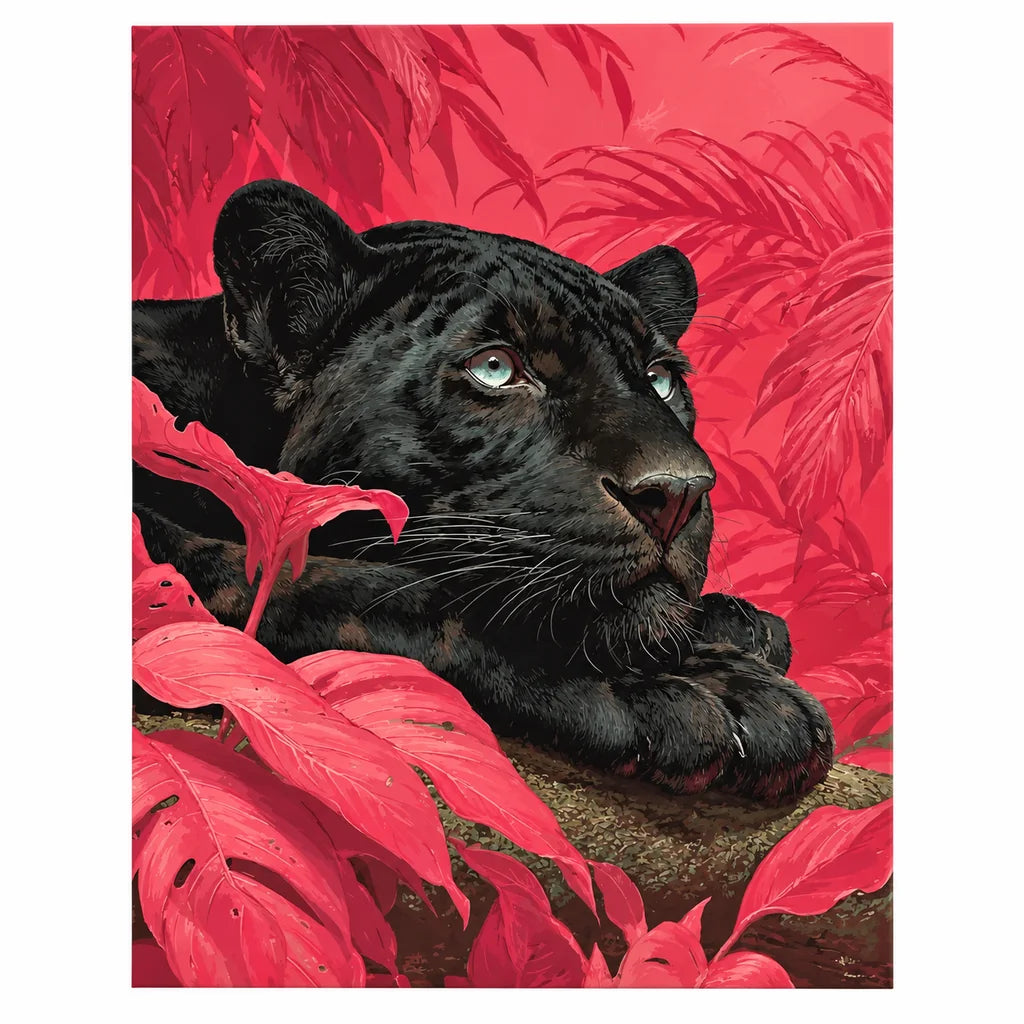 Original artwork showing a black panther reclining among vivid coral leaves.