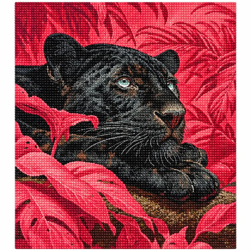 Finished diamond painting showing a black panther reclining among vivid coral leaves.