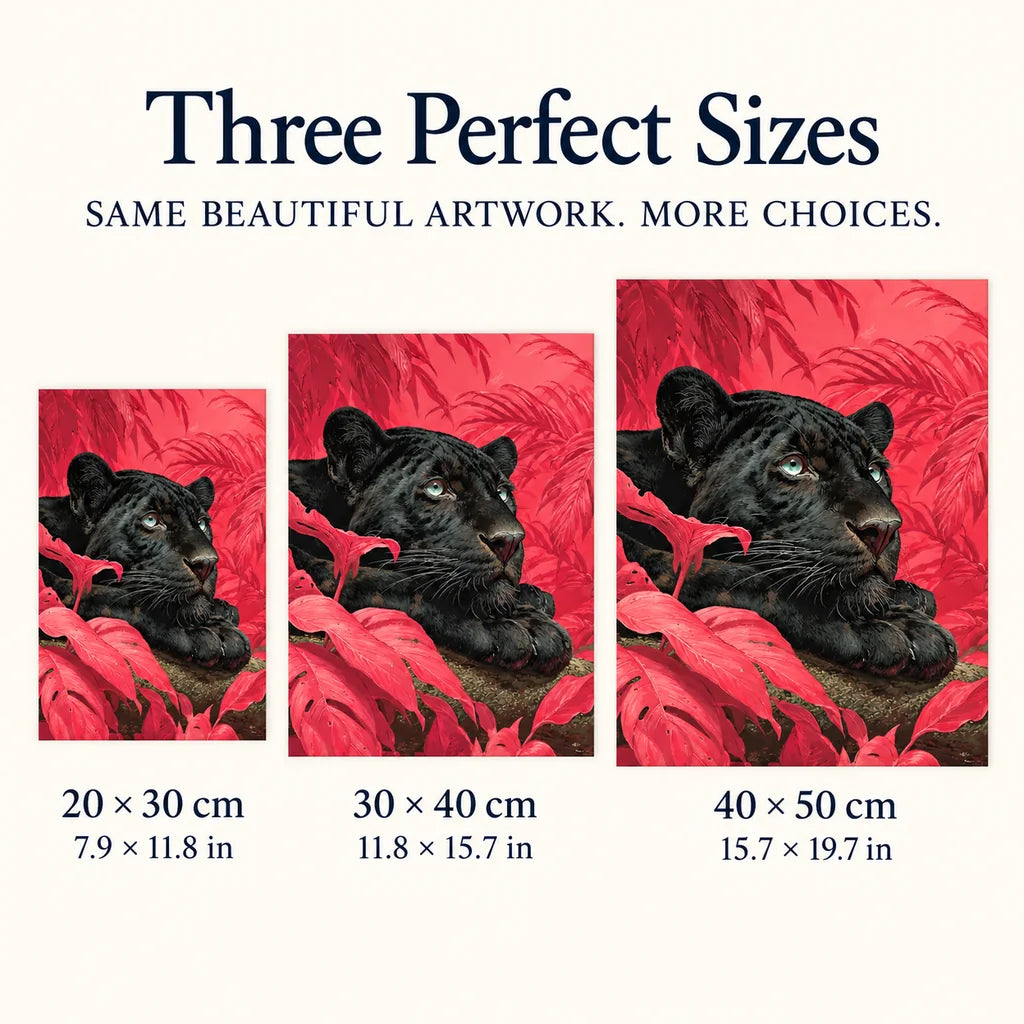 Size guide for Black Panther Among Coral Leaves Diamond Painting Kit: 20 × 30 cm, 30 × 40 cm, and 40 × 50 cm.