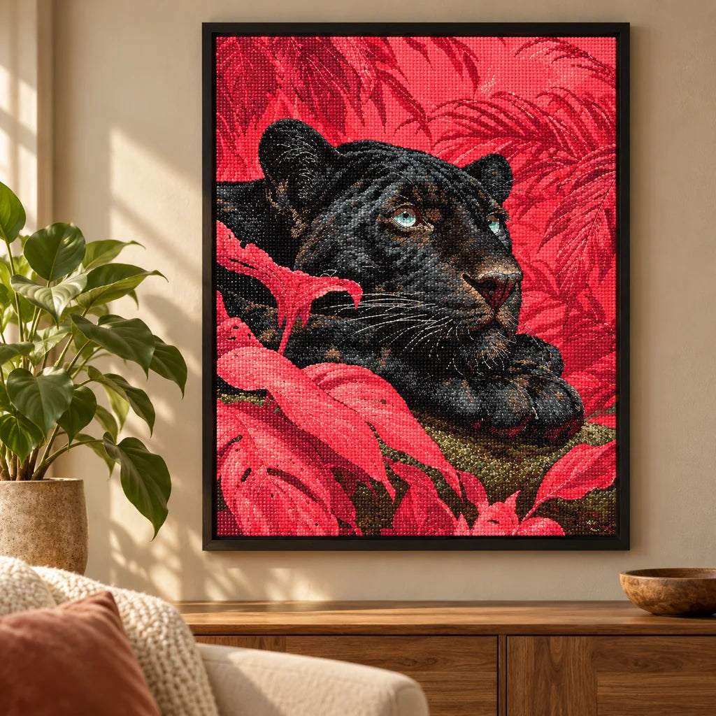 Framed home decor scene featuring a diamond painting of a black panther reclining among vivid coral leaves displayed on a wall.