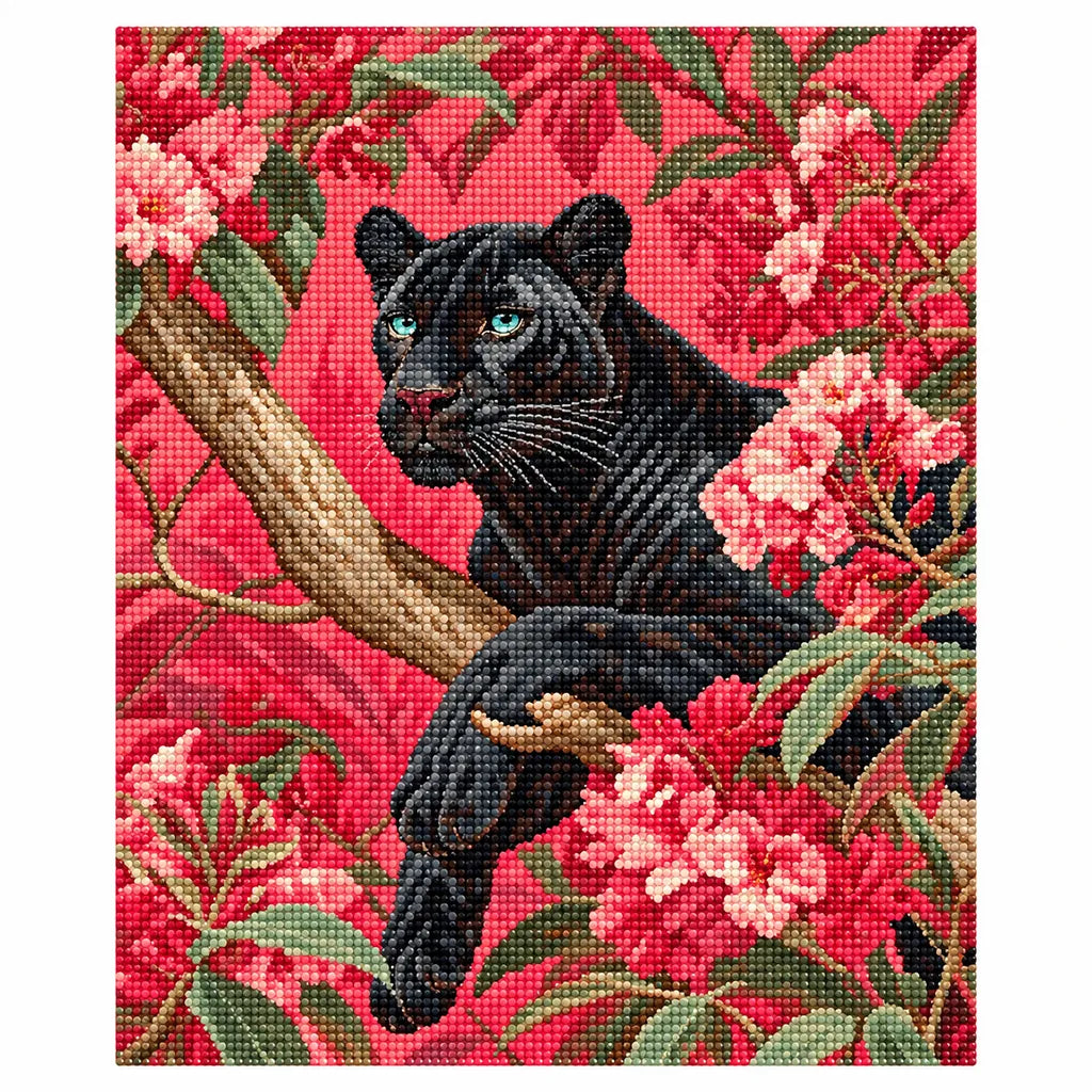 Finished diamond painting showing a black panther among pink flowering branches.
