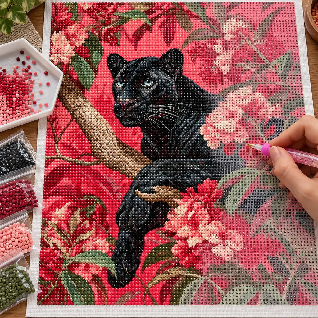 Hands applying drills to a canvas with a black panther among pink flowering branches.