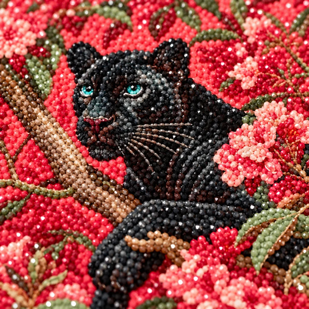Close-up of diamond drills on artwork of a black panther among pink flowering branches.